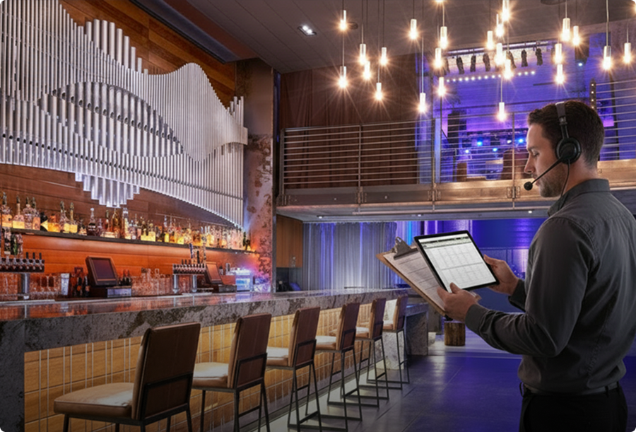 Event planner coordinating private event at Music Box